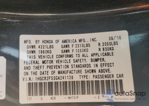 2016 Honda Accord Sport z USA, uszkodzony, nr VIN 1HGCR2F55GA241138